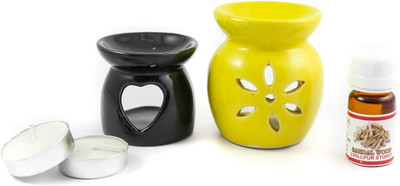 Lyallpur Stores Floral Diffuser Set Handcrafted Aroma Ceramic Tealight Diffuser Pot Shape Multicolour With Sandal Fragrance Oil And Candle (Pack Of 2)(4 x 2.5 ml)