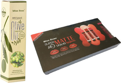 

Miss Boss long lasting matte lipgloss (64 g, red), Olive Oil Makeup Fixer Primer - 120 ml combo(Set of 2)