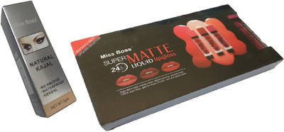 

Miss Boss kb long lasting matte lipgloss (64 g, red), Natural Kajal Pack of 1-SGP 3 g (Black) combo(Set of 2)