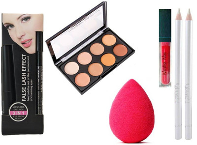 

Rtb Combo of ( 3 In 1 ) Eyeliner , Mascara , Eyebrow Pencil , 8 Shade contour , Red Matte ME , Beauty Blender , White lip/eye liner(Set of 8)