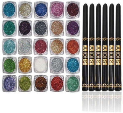 

Rtb Combo of 25 Glitter eye shadow powder with 6 ads kajal black(Set of 31)