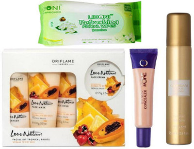 

Oriflame Sweden Love Nature Facial Kit, the one Concealer -nude pink, Body Spray -75 ml with facial wipes pkt -25ps} {Combo set}(Set of 4)