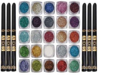 RTB Combo of 25 Glitter eye shadow powder with 6 kajal black(31 Items in the set)