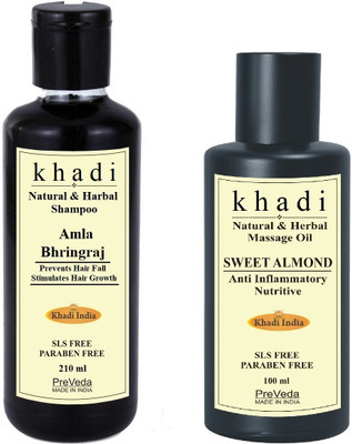 

PreVeda Khadi Amla Bhringraj Combo Shampoo 210 ml + Sweet Almond Oil 100 ml Natural Best Hair Growth Oil, Sls & Paraben Free(Set of 1)
