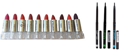 

Miss Boss set of 10 balm, matte,longlasting lipstick, 3 glam kajal (black, blue , green) combo(Set of 2)