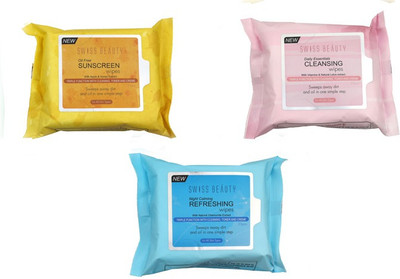 

Swiss Beauty Oil Free Sunscreen Wipes, Daily Essentials Cleansing Wipes, Night Calming Refreshing Wipes with natural Chamomile, Vitamins & Natural Lotus, Apple & Honey Extract Makeup Remover(150 g)