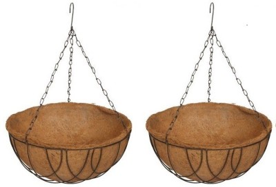Coirgarden Coir Hanging Round Bigger size Basket 14 INCH 2 Pieces - Coco Gardening POTS with Stand - Flower POTS Hanger Garden Decoration Indoor Outdoor Water Hanging Baskets [Outter Dia - 35 cm, Height - 17 cm] Plant Container Set(Pack of 2, Wood)