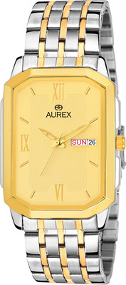Aurex Two Tone Original Gold Plated Elegant Golden Dial Square Shaped Day & Date Functioning Metal Bracelet Luxury Analog Watch  - For Men