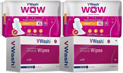 VWash Plus VWash Wow Ultra Thin Sanitary Napkin - 16 Count (Extra Large XL, Pack of 2) with Wipes - 10 Wipes (Pack of 2)(Set of 4)