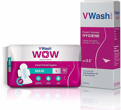 

VWash Plus VWash 200ml & Wow Maxi Thin Sanitary Napkin - 16 Pieces (Large) Combi Pack(Set of 2)
