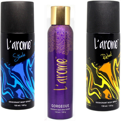 

L'Arome Body Spary Combo ( Steele + Gorgeous + Rebel ) Body Spray - For Men & Women(450 ml, Pack of 3)