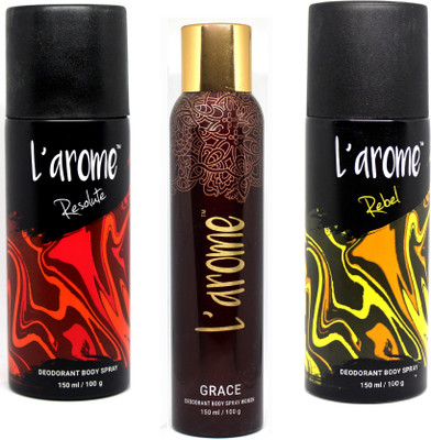 

L'Arome Body Spary Combo ( Resolute + Grace + Rebel ) Body Spray - For Men & Women(450 ml, Pack of 3)