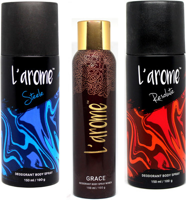 

L'Arome Body Spary Combo ( Steele +Grace +Resolute ) Body Spray Body Spray - For Men & Women(450 ml, Pack of 3)