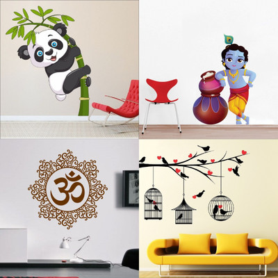 Walltech 49 cm Combo of 4 Wall Sticker Love Birds With Hearts-(125 X 85 Cms) | Cute Bal Krishna Makhan Chor-(60 X 40 Cms) | Designer Om-(50 X 50 Cms) | baby Panda-(120 X 95 Cms) - Matrial Vinyl Reusable Sticker(Pack of 4)