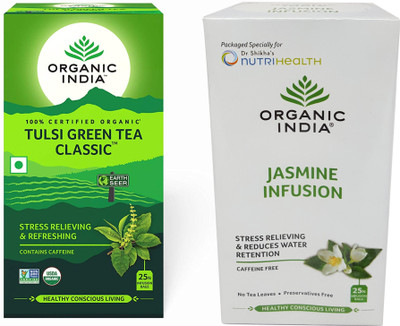 Organic India Tulsi Green Tea Classic 25 Tea Bags & Jasmine 25 Tea Bags Jasmine Herbal Tea Bags Box(50 Bags)