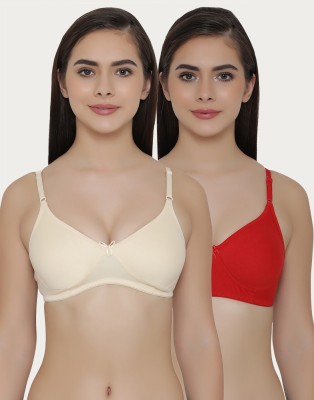 Clovia Clovia Pack of 2 Cotton Rich Non-padded Wirefree T-shirt Bra In Red & Beige Women T-Shirt Lightly Padded Bra(Red, Beige)