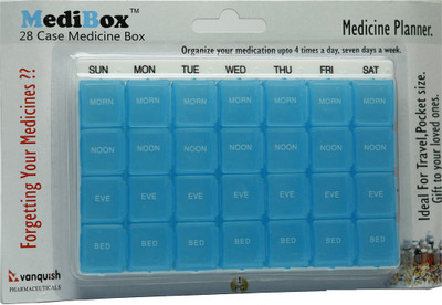 

MediBox 28 Case, Pill Organizer Box with 28 Compartments with Day and Time ( Pack of 10 )_ Medicine Dispenser