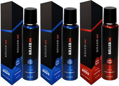 

Killer CYCLONE, CYCLONE ,STORM Deodorant Spray - For Men (450 ml, Pack of 3) Body Spray - For Men & Women (450 ml, Pack of 3) Body Spray - For Men & Women(150 ml, Pack of 3)