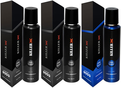 

Killer CYCLONE, WAVE ,WAVE Deodorant Spray - For Men (450 ml, Pack of 3) Body Spray - For Men & Women (450 ml, Pack of 3) Body Spray - For Men & Women(150 ml, Pack of 3)
