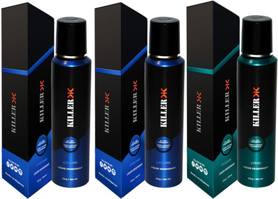 Killer CYCLONE, CYCLONE ,OCEAN Deodorant Spray - For Men (450 ml, Pack of 3) Body Spray - For Men & Women (450 ml, Pack of 3) Body Spray - For Men & Women(150 ml, Pack of 3)