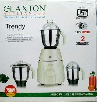 

GLAXTON 750W 100% COPPER MOTOR 750 Mixer Grinder(Grey, 3 Jars)
