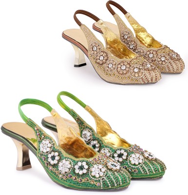 Zionk Women Heels(Green, Gold , 10)