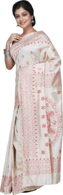 AAHELEE Embroidered Kantha Pure Silk, Art Silk Saree(Cream)