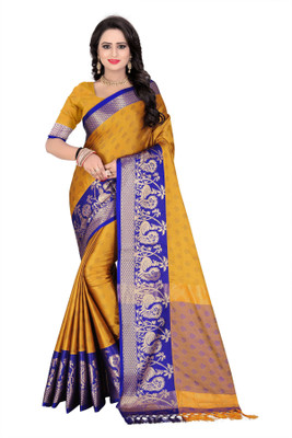 Bombey Velvat Fab Embellished Dharmavaram Jacquard, Art Silk Saree(Gold, Blue)