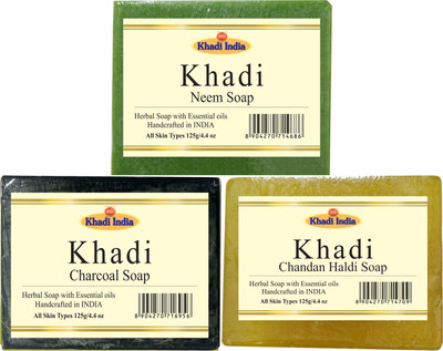

Khadi Chandan Haldi Soap, Charcoal Soap, Neem Soap(125 g, Pack of 3)