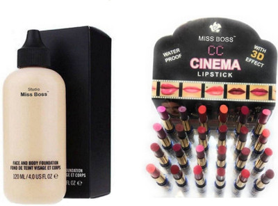 

Miss Boss cinema Waterproof Lipstick Set Of 24, Studio Perfect Finish Face & Body Foundation combo(Set of 2)