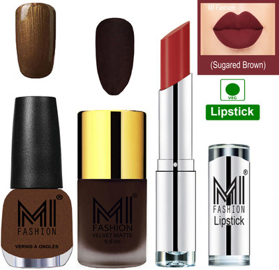 

MI FASHION Premium Quality Super Saver Nail Polish and Lipstick Combo - Dark Brown Matte Nail Polish,Brown Coffee Shine Nail Polish and Brown Sugar Lipstick(Set of 3)