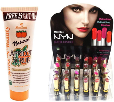 

Miss Boss matte long lasting lipstick and Natural Apricot Scrub with Soothing cocoa Butter (212 g) combo(Set of 2)