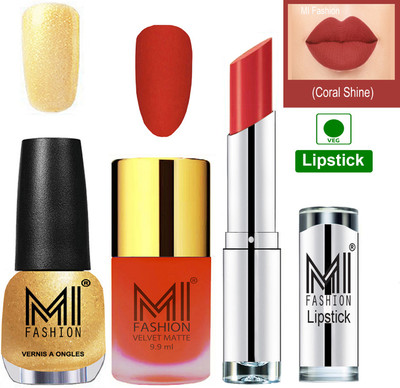 

MI FASHION Premium Quality Super Saver Nail Polish and Lipstick Combo - Orange Matte Nail Polish,Glazing Golden Shine Nail Polish and Coral Glamour Lipstick(Set of 3)