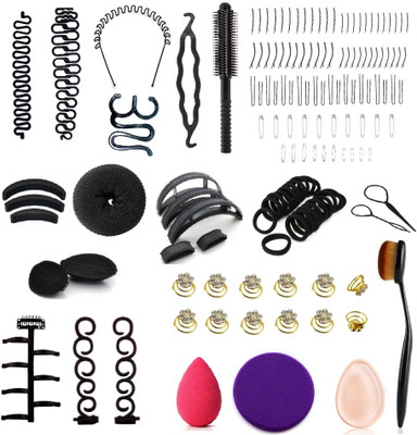 

Out Of Box Super Combo of 146 Hair Accessories, Magic Bun Donut Maker, Hair Volumizer, Banana Bumpits, Hair Pin Clips, Topsy Pony Tail Maker, Zig-Zac Hair Band, Puff Volume Tool, French Tool, Round Comb, Crystal Rhinestone Hair Pins, Beauty Blender, Puff 