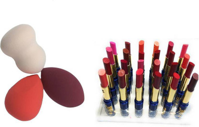 TRS Moisturizing-Matte-and-shiny-rich-color Lipstick(pack of-24) , 3 blender puff sponge combo , pack of 2 (Set of 2)(2 Items in the set)