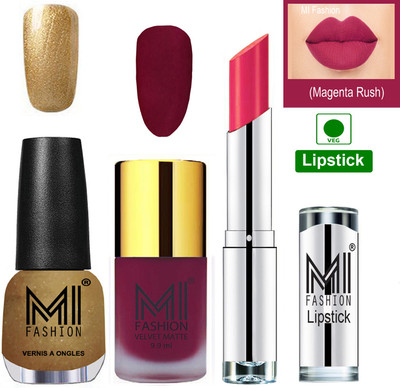 

MI FASHION Premium Quality Super Saver Nail Polish and Lipstick Combo - Magenta Matte Nail Polish,Delightfully Golden Shine Nail Polish and Magenta Lipstick(Set of 3)