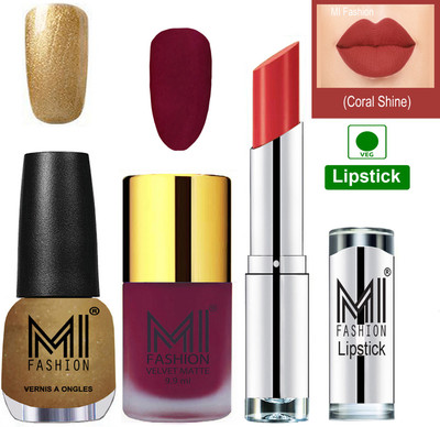 

MI FASHION Premium Quality Super Saver Nail Polish and Lipstick Combo - Magenta Matte Nail Polish,Delightfully Golden Shine Nail Polish and Coral Glamour Lipstick(Set of 3)