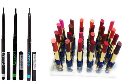 

Miss Boss cinema Waterproof Lipstick Set Of 24, glam LongLasting Black Blue Green kajal combo(Set of 4)