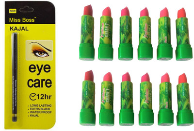 

Miss Boss 12 green tea longlasting waterproof lipstick and eyecare longlasting black kajal combo(Set of 13)
