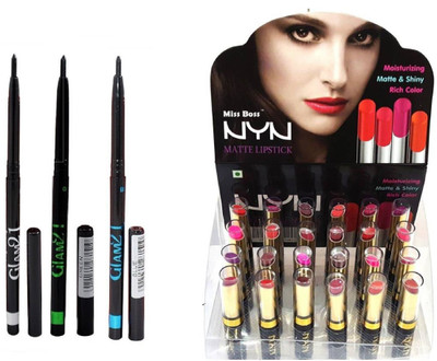 

Miss Boss matte long lasting lipstick and 3 kajal (black, blue, green) combo(Set of 2)