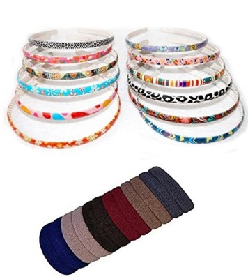 FOK Set Of 20 Pcs Dark Multi Color Cotton Rubberbands & 4 Pcs Multi Color & Printed Design Plastic Hairbands (8 mm) Hair Accessory Set(Multicolor)