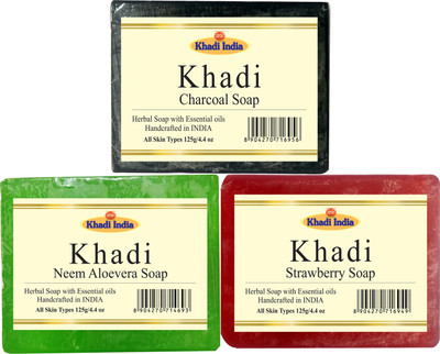 

Khadi Neem Aloevera Soap, Charcoal Soap, Strawberry Soap(125 g, Pack of 3)