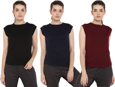 Ap'pulse Solid Women Round Neck Dark Blue, Maroon, Black T-Shirt