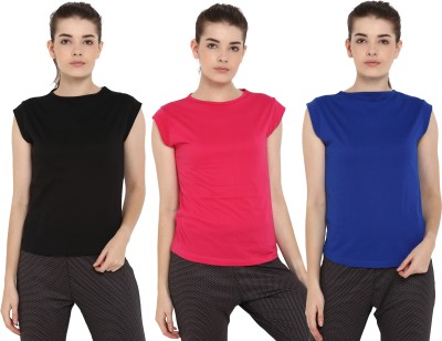 Ap'pulse Solid Women Round Neck Blue, Black, Pink T-Shirt