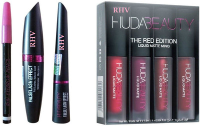 

RHV Eye Brow Pencil & Beauty Mascara & Beauty Eye Liner (Huda 3in1) And Red Edition Lipstick(Set of 7)
