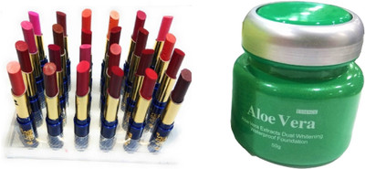 

Miss Boss cinema Waterproof Lipstick Set Of 24, kb Aloe Vera Foundation dual whitening combo(Set of 2)
