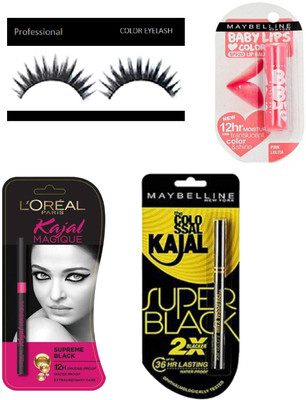 

Professional Eyelashes & L'oreal Paris Magique Supreme Black - New Pack - 12 H Smudge-proof Black 0.35g Super Black Kajal baby lips(Set of 4)(Set of 5)
