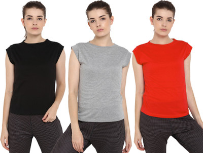 Ap'pulse Solid Women Round Neck Red, Black, Grey T-Shirt