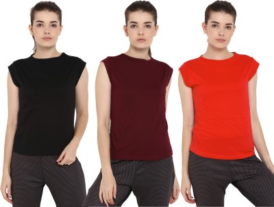 Ap'pulse Solid Women Round Neck Red, Maroon, Black T-Shirt