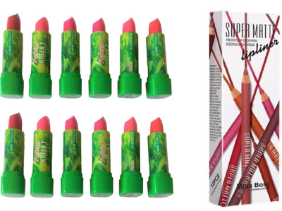 

Miss Boss 12 green tea longlasting waterproof lipstick, mn SUPER MATTE LIP LINER pencils combo(Set of 2)